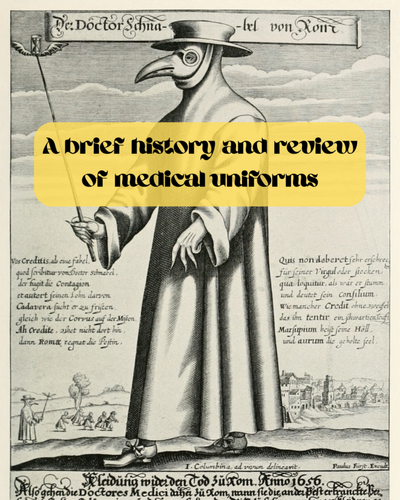 Title image reads "a brief history and review of medical uniforms" and shows a plague doctor uniform