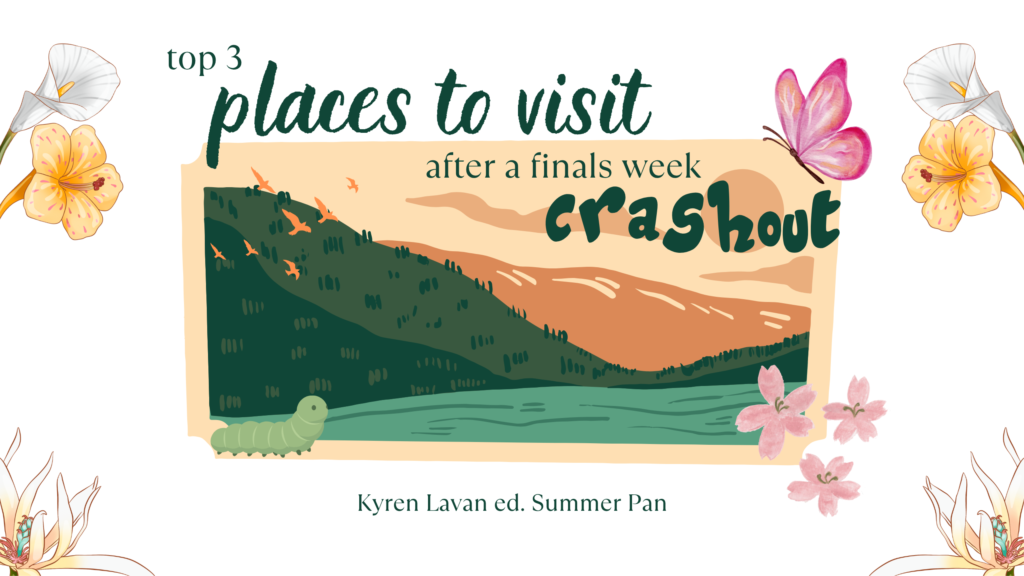 Title reads "top 3 places to visit after a finals week crash out" over a picture of a meadow